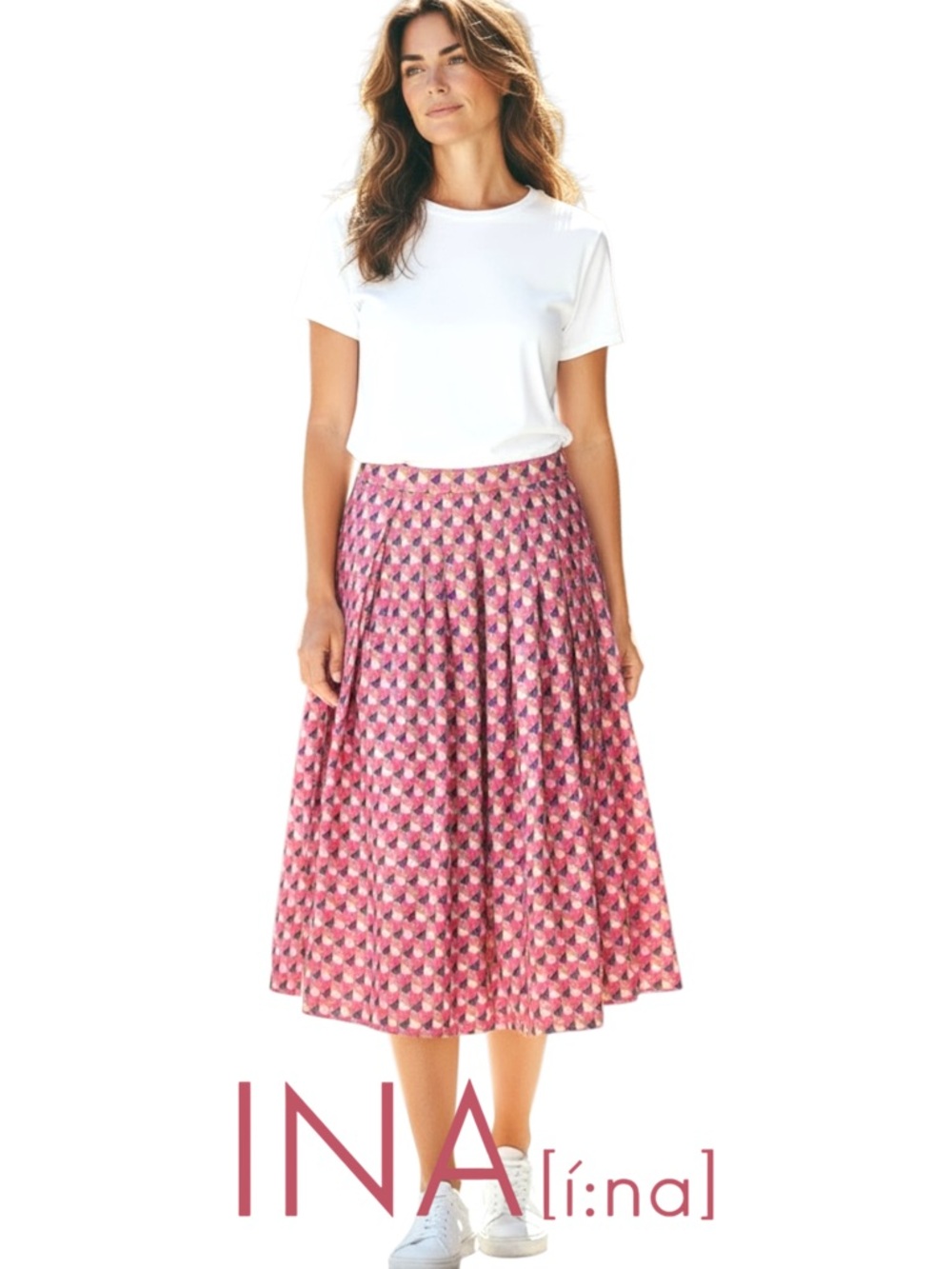 INA Pink/Black/Taupe Geo Pattern Iridescent A-Line Full Maxi Skirt (XS/S)